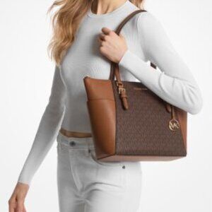 Michael Kors Charlotte Large Logo and Leather Top-Zip Tote Bag Brown New